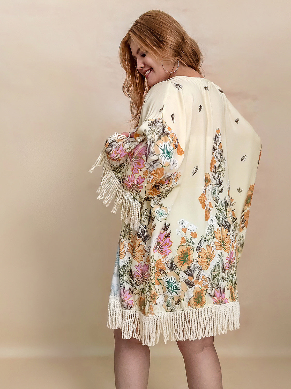 Fringe Printed Open Front Kimono - Sage Her