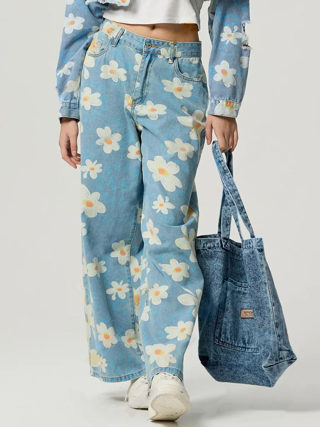 Pocketed Floral Wide Leg Jeans - Sage Her