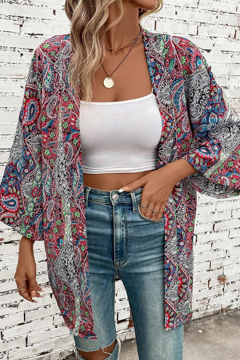 Geometric Printed Kimono - Sage Her