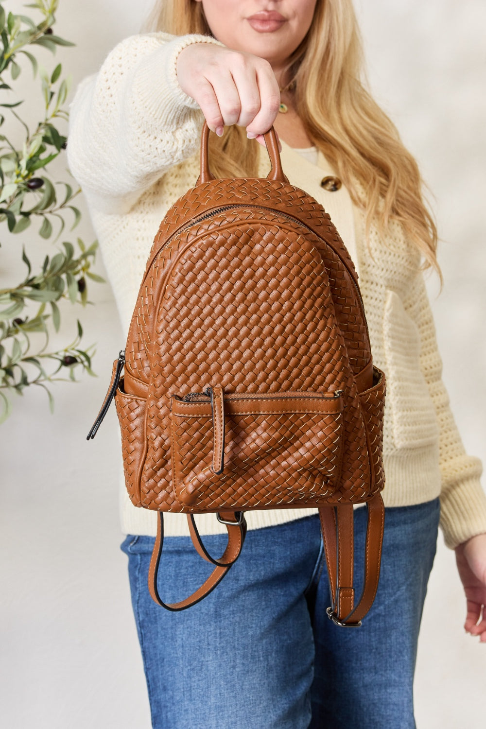 PU Leather Woven Backpack - Sage Her