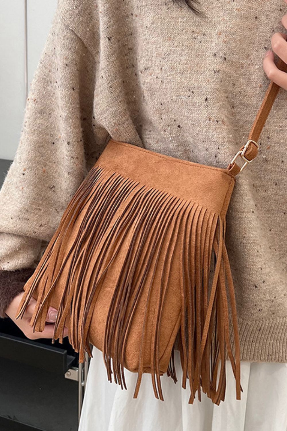 Suede Fringe Shoulder Bag - Sage Her