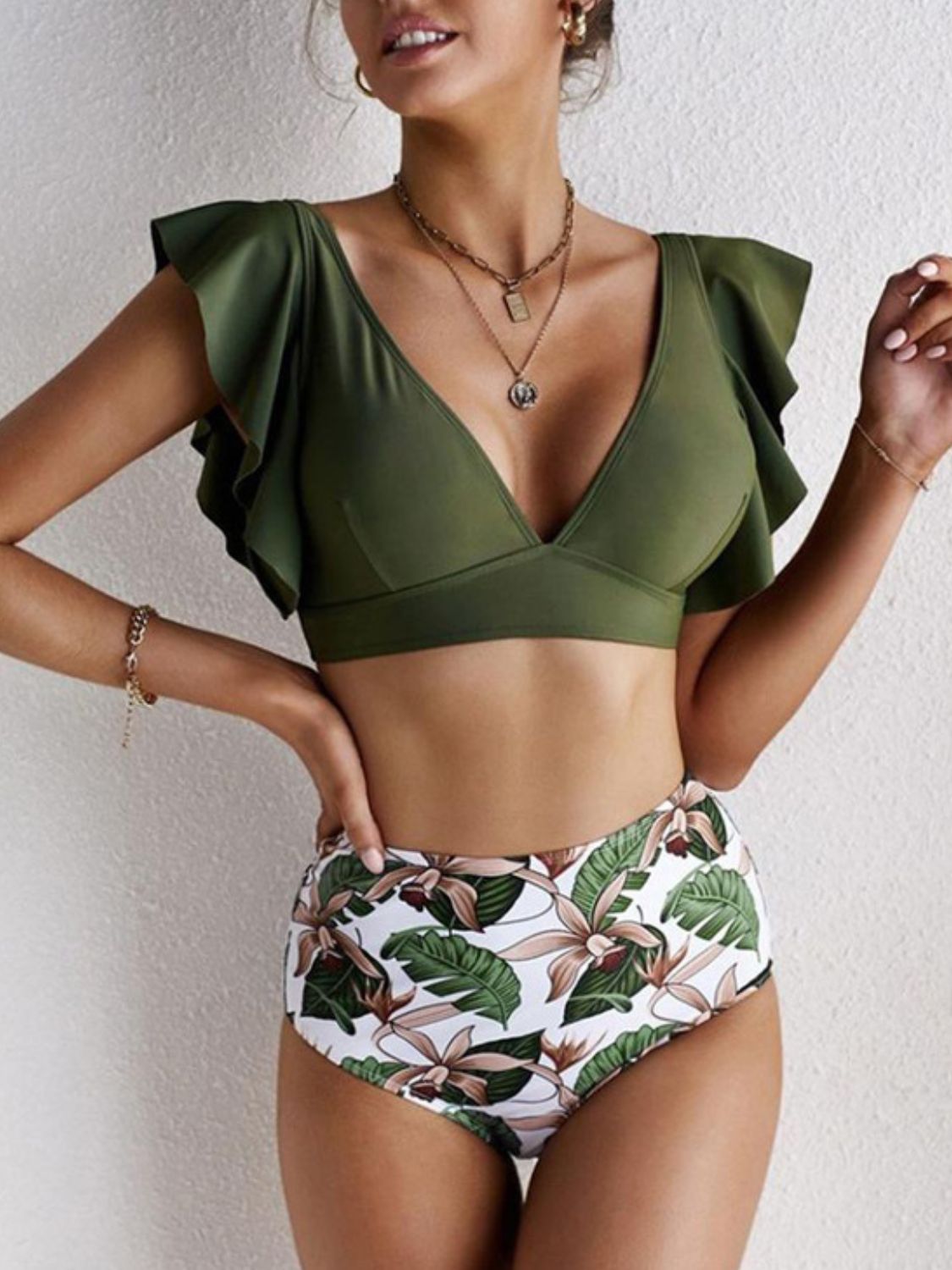 Ruffled Printed V-Neck Two-Piece Swim Set - Sage Her