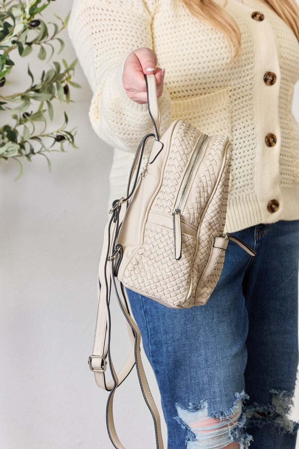 PU Leather Woven Backpack - Sage Her