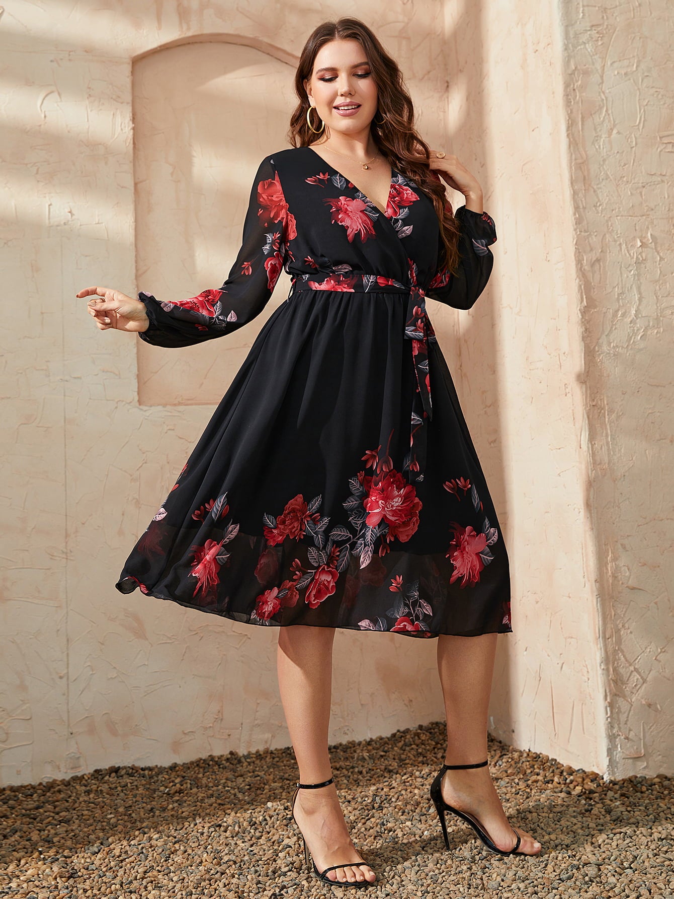 Honey Plus Size Floral Surplice Neck Tie Waist Dress - Sage Her