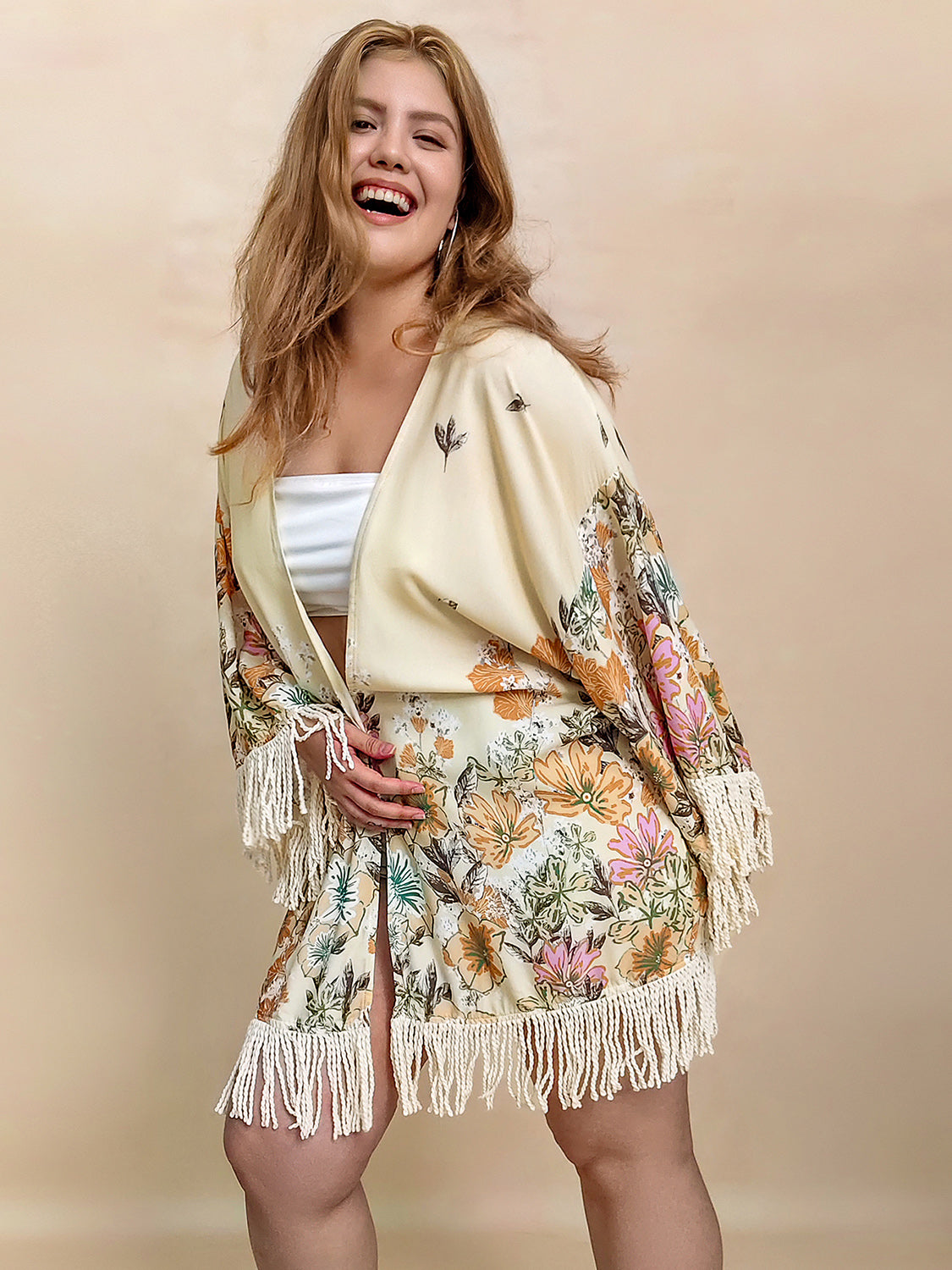 Fringe Printed Open Front Kimono - Sage Her