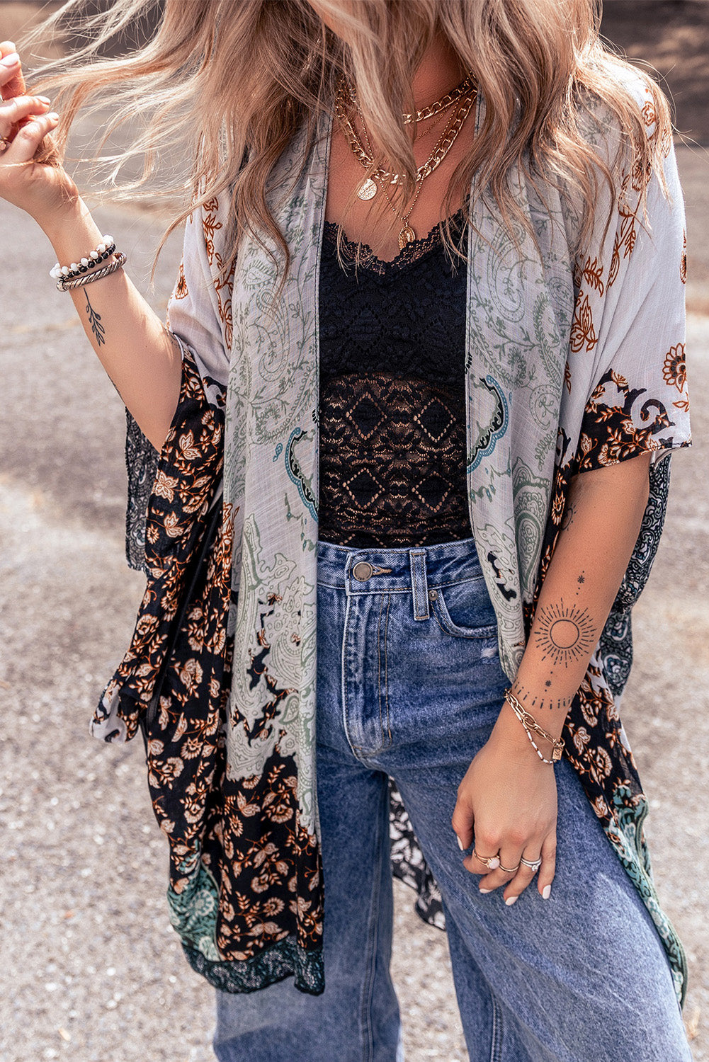 Geometric Printed Half Sleeve Kimono - Sage Her