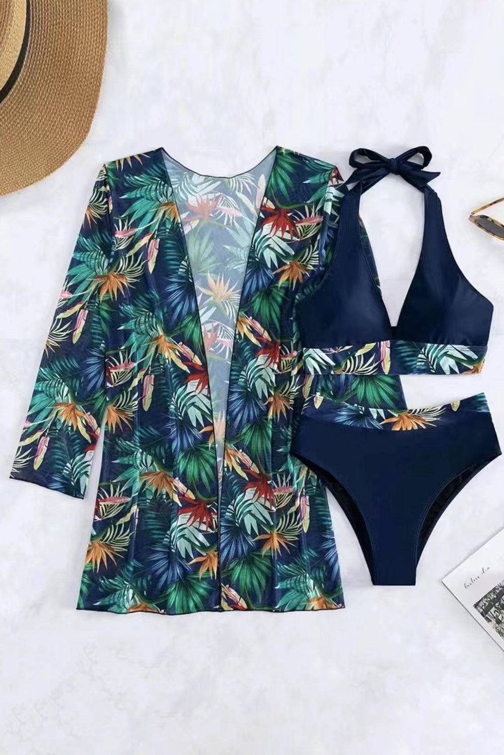 Printed Halter Neck Three-Piece Swim Set - Sage Her