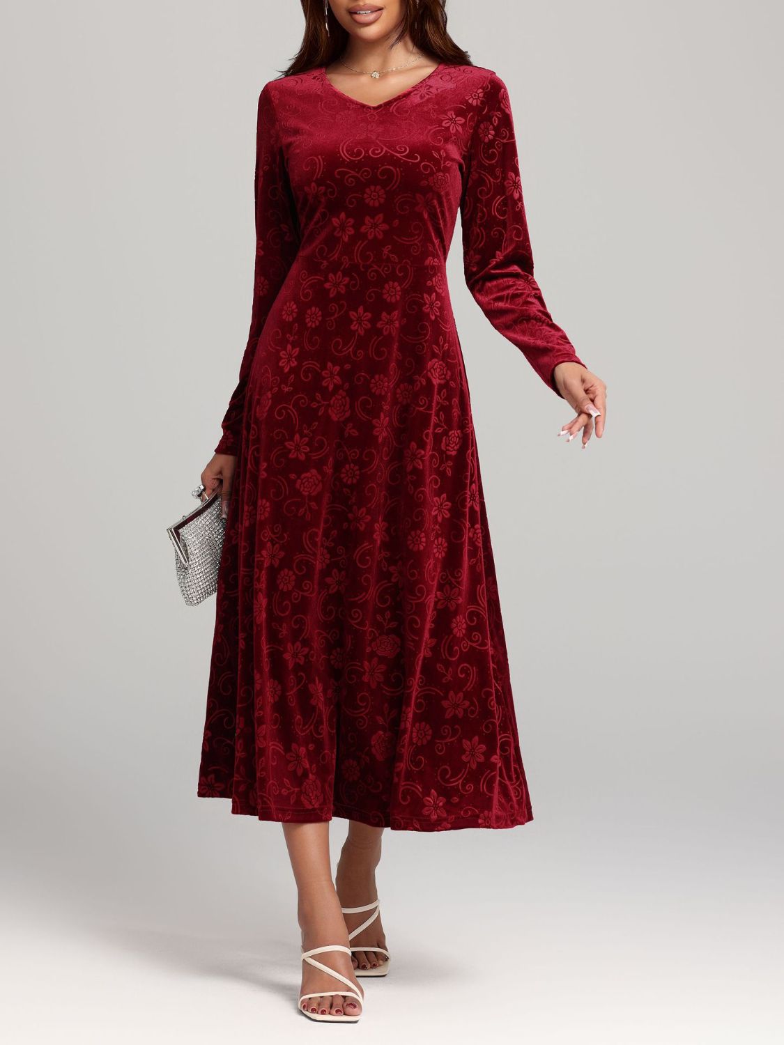 Flower Print V-Neck Long Sleeve Midi Dress - Sage Her