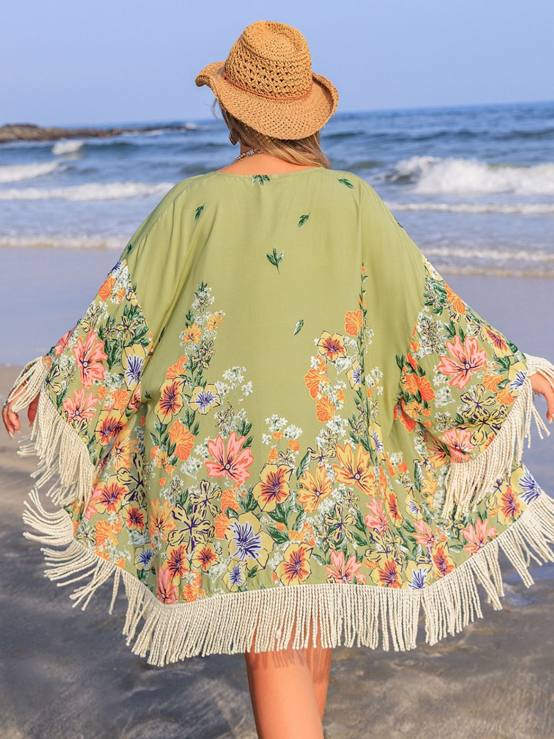 Fringe and Floral Open Front Kimono - Sage Her