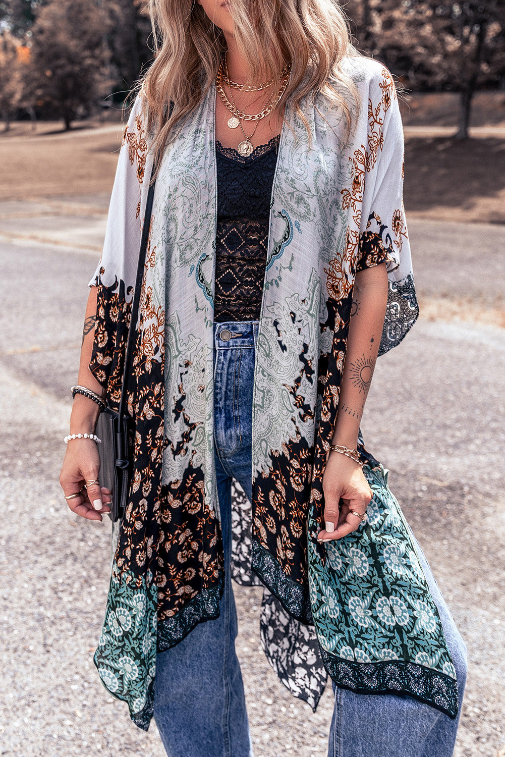 Geometric Printed Half Sleeve Kimono - Sage Her