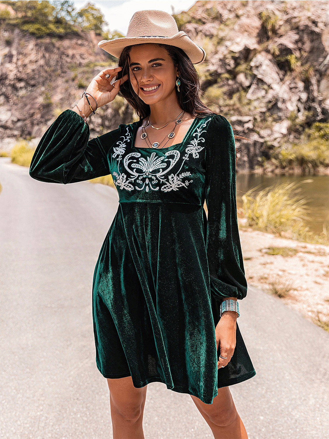 Embroidered Square Neck Long Sleeve Dress - Sage Her