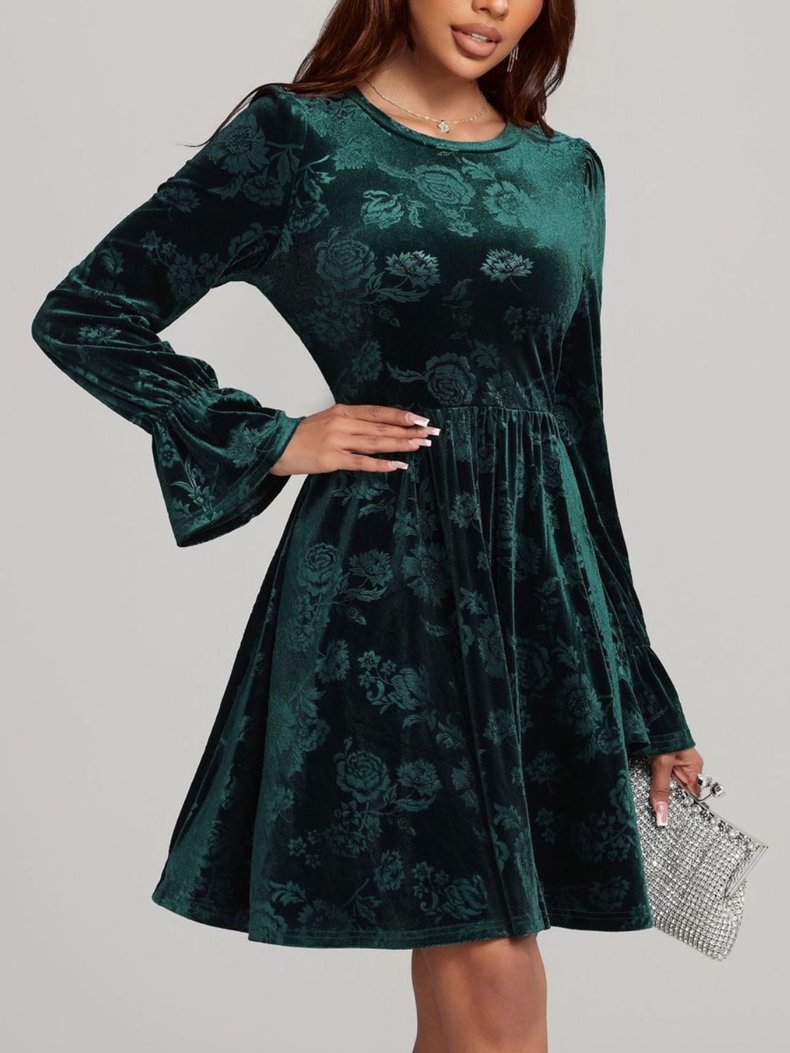 Tied Flower Print Round Neck Flounce Sleeve Dress - Sage Her