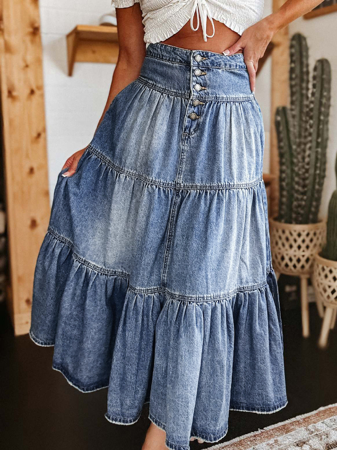 Tiered Button-Fly Denim Skirt - Sage Her