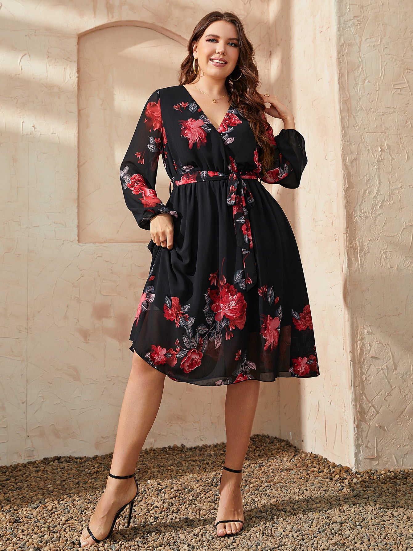 Honey Plus Size Floral Surplice Neck Tie Waist Dress - Sage Her