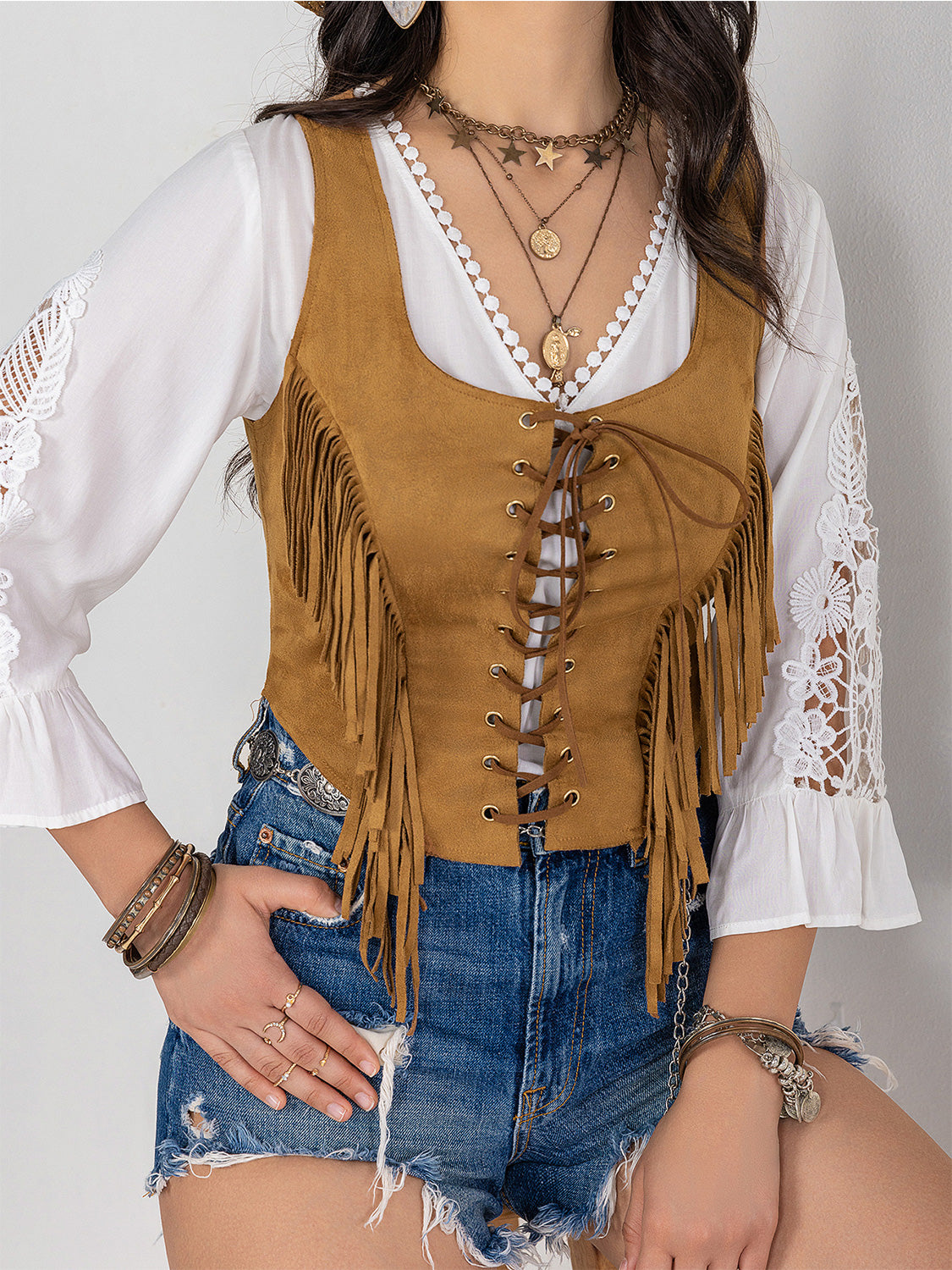 Fringe Lace-Up Vest - Sage Her