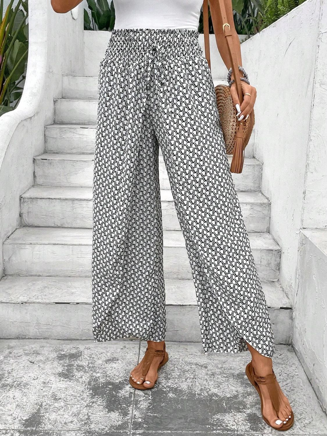 Tied Printed Wide Leg Pants - Sage Her