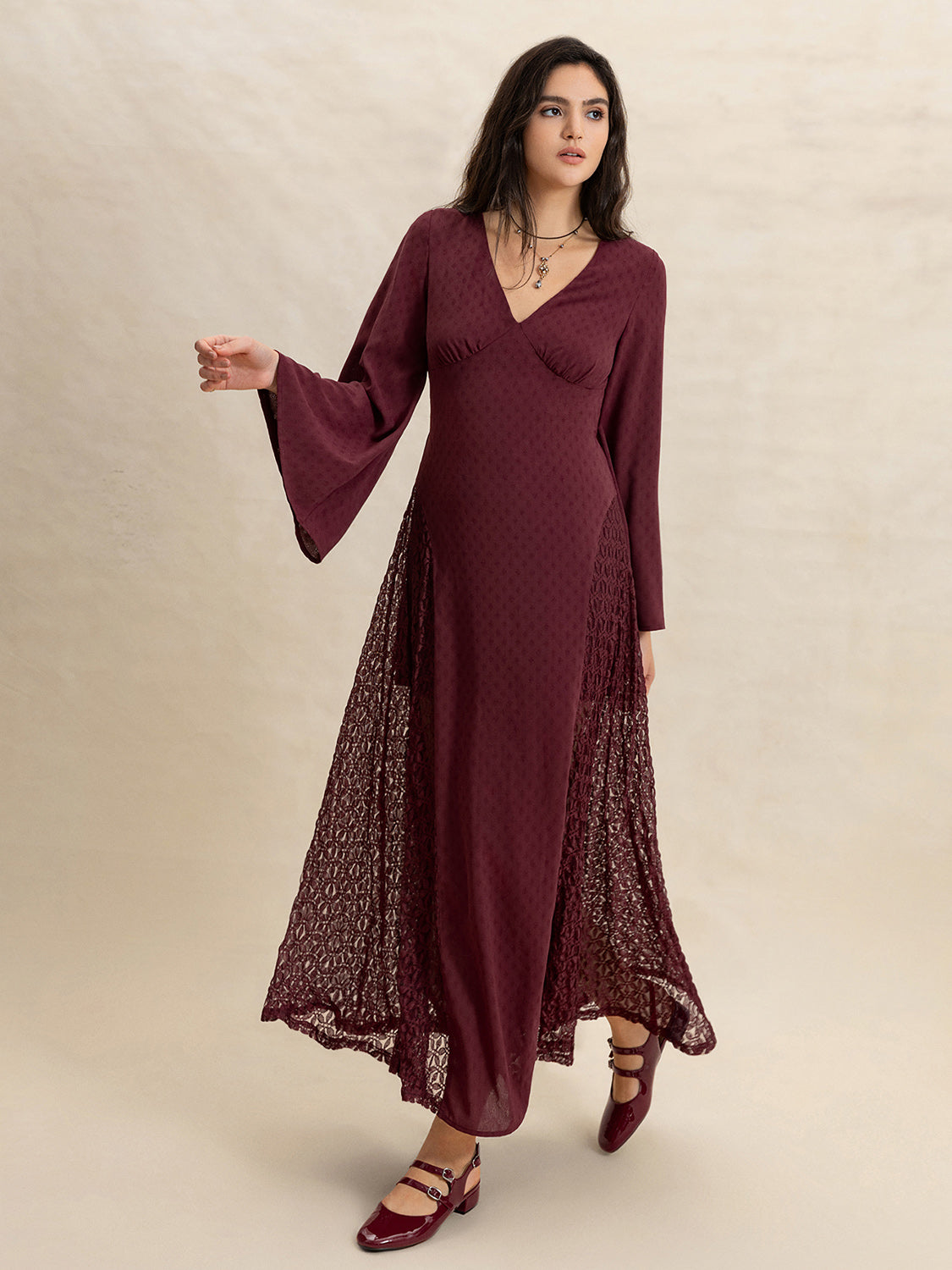 Lace Patchwork V-Neck Long Sleeve Midi Dress - Sage Her