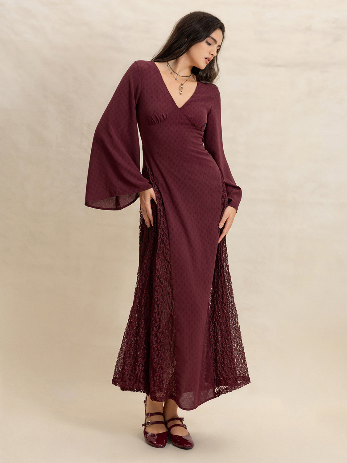 Lace Patchwork V-Neck Long Sleeve Midi Dress - Sage Her