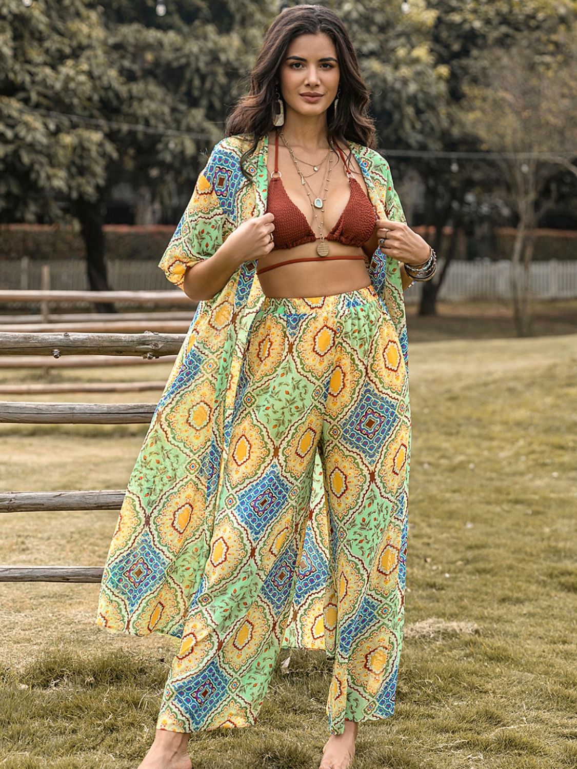 Printed Half Sleeve Top and Wide Leg Pants Set - Sage Her