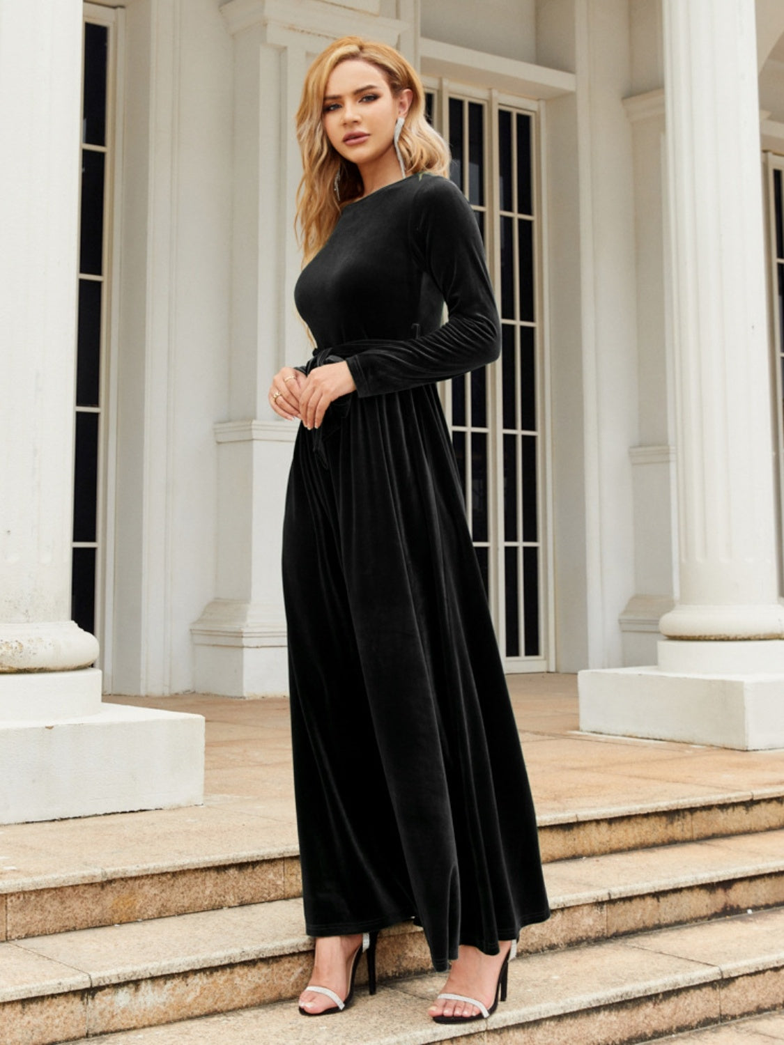 Tie Front Round Neck Long Sleeve Maxi Dress - Sage Her