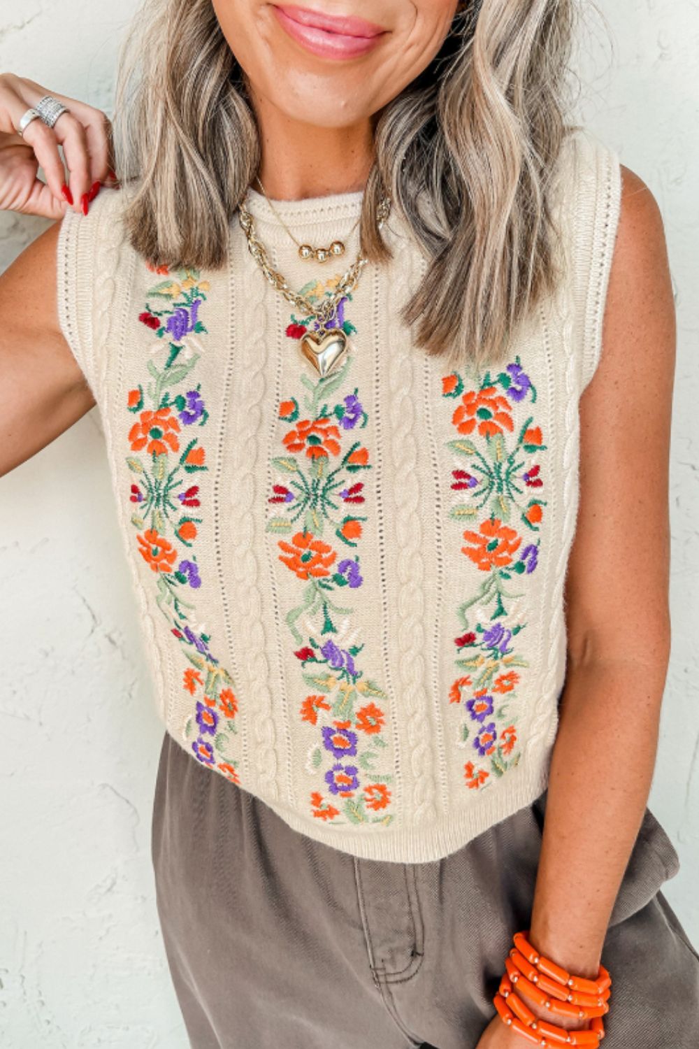 Embroidered Cable-Knit Round Neck Sweater Vest - Sage Her