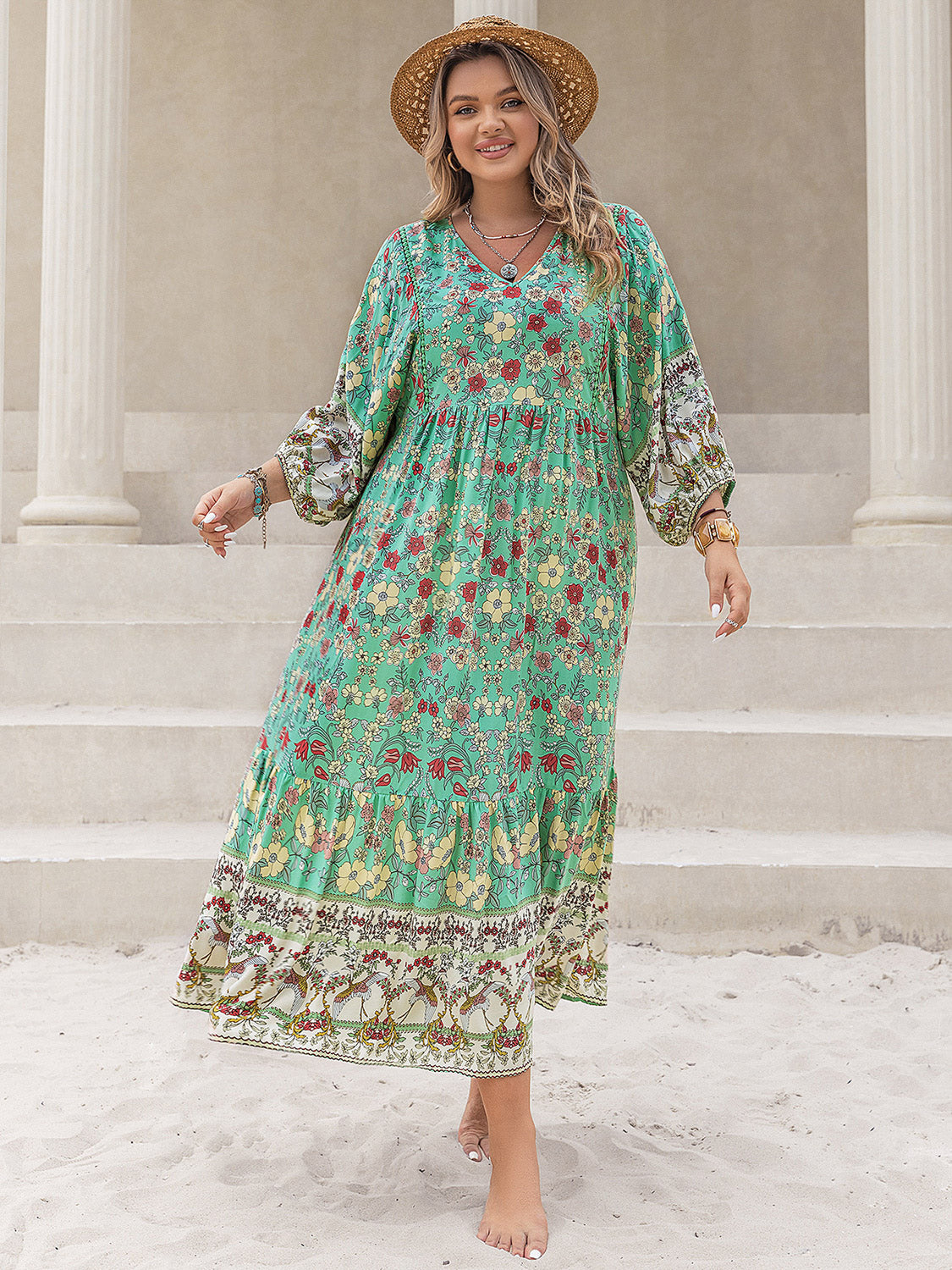 Floral V-Neck Balloon Sleeve Midi Dress - Sage Her