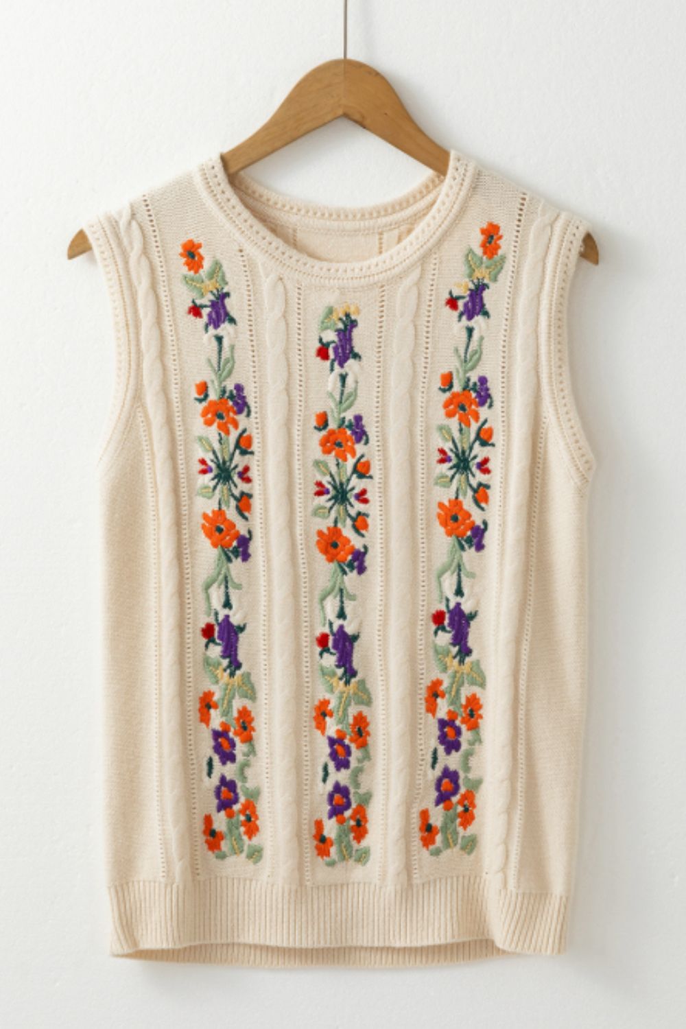 Embroidered Cable-Knit Round Neck Sweater Vest - Sage Her