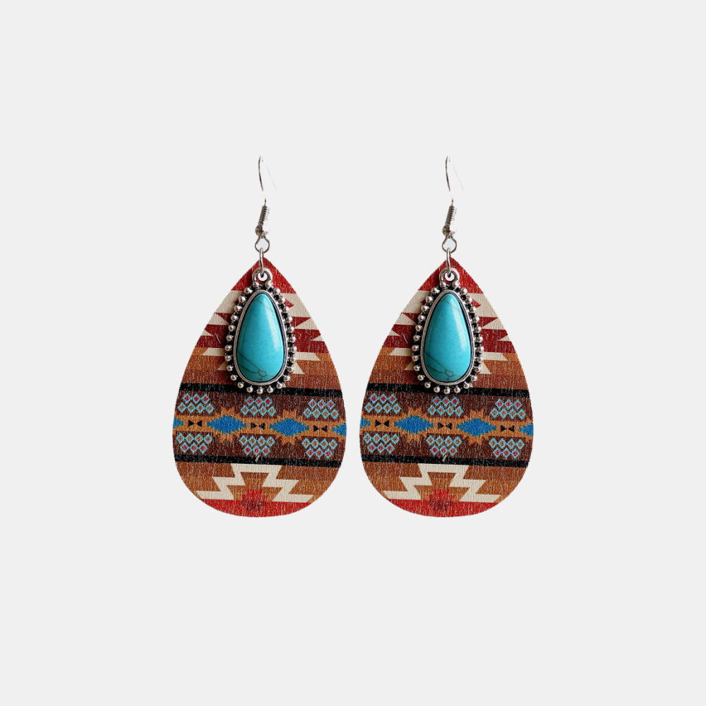 Turquoise Teardrop Shape Wooden Dangle Earrings - Sage Her