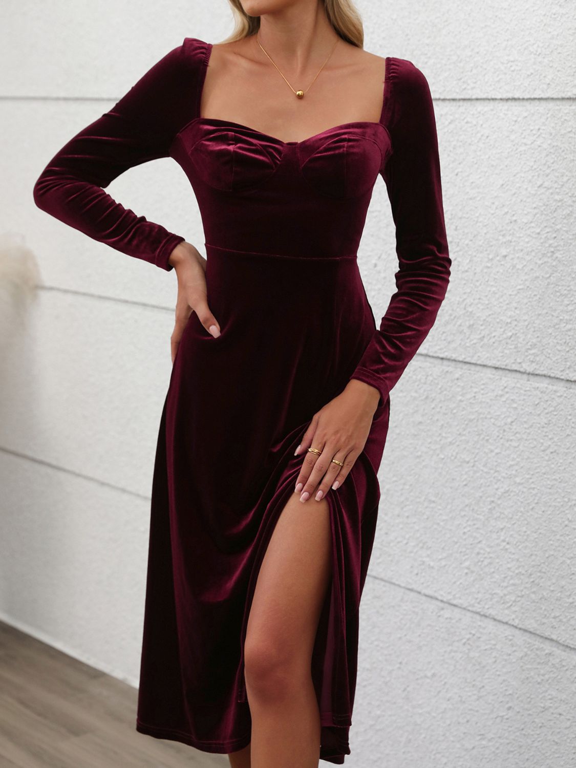 Sweetheart Neck Long Sleeve Midi Dress - Sage Her