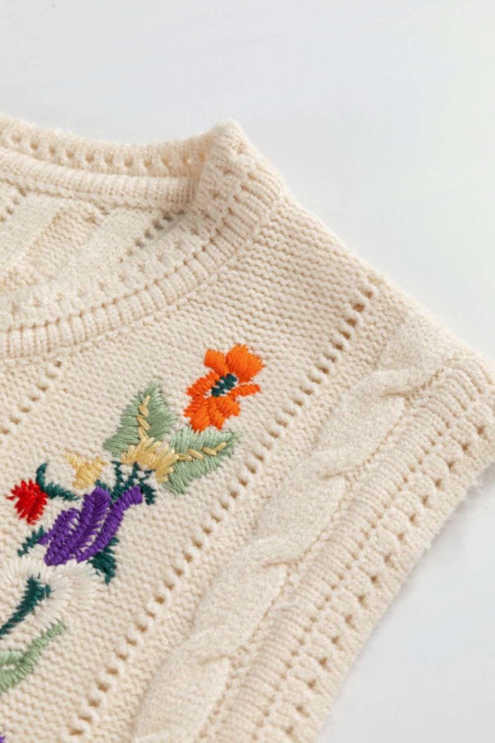 Embroidered Cable-Knit Round Neck Sweater Vest - Sage Her