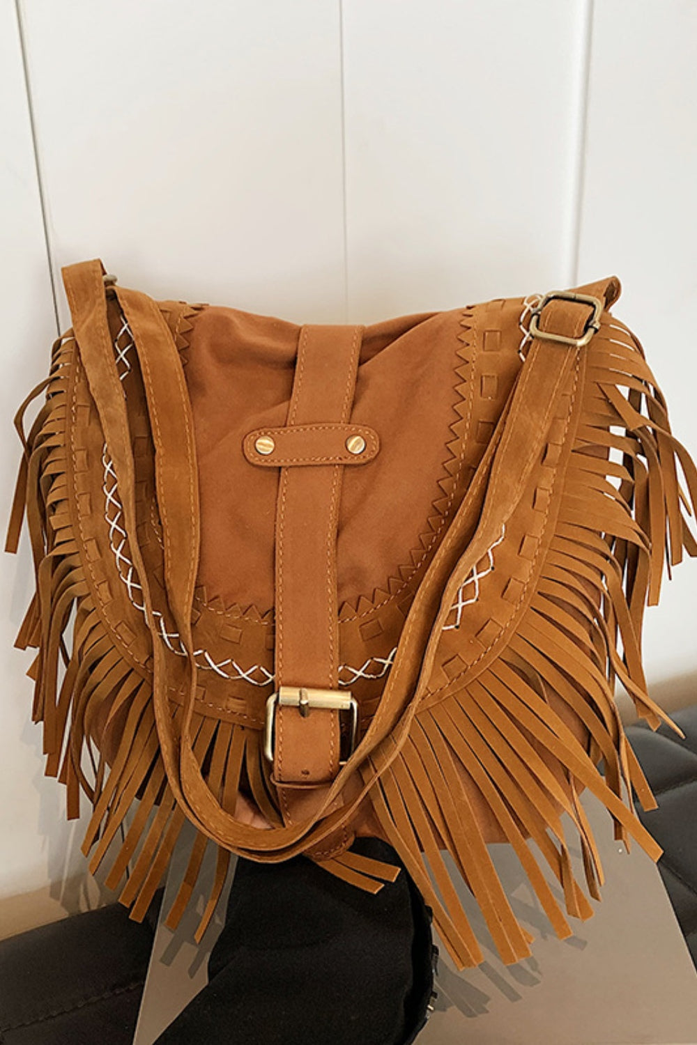 Suede Fringe Wide Strap Shoulder Bag - Sage Her