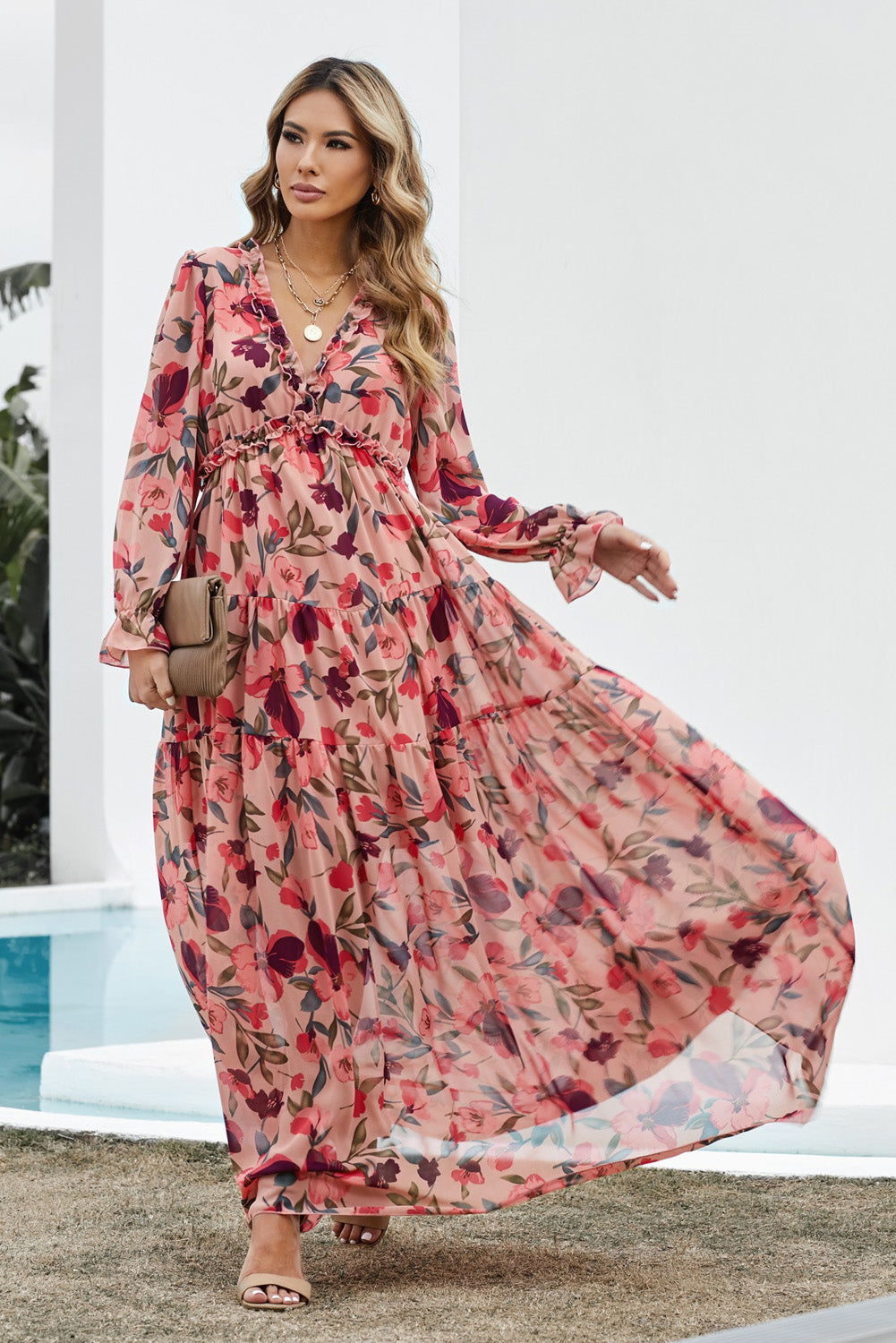 Floral Frill Trim Flounce Sleeve Plunge Maxi Dress - Sage Her