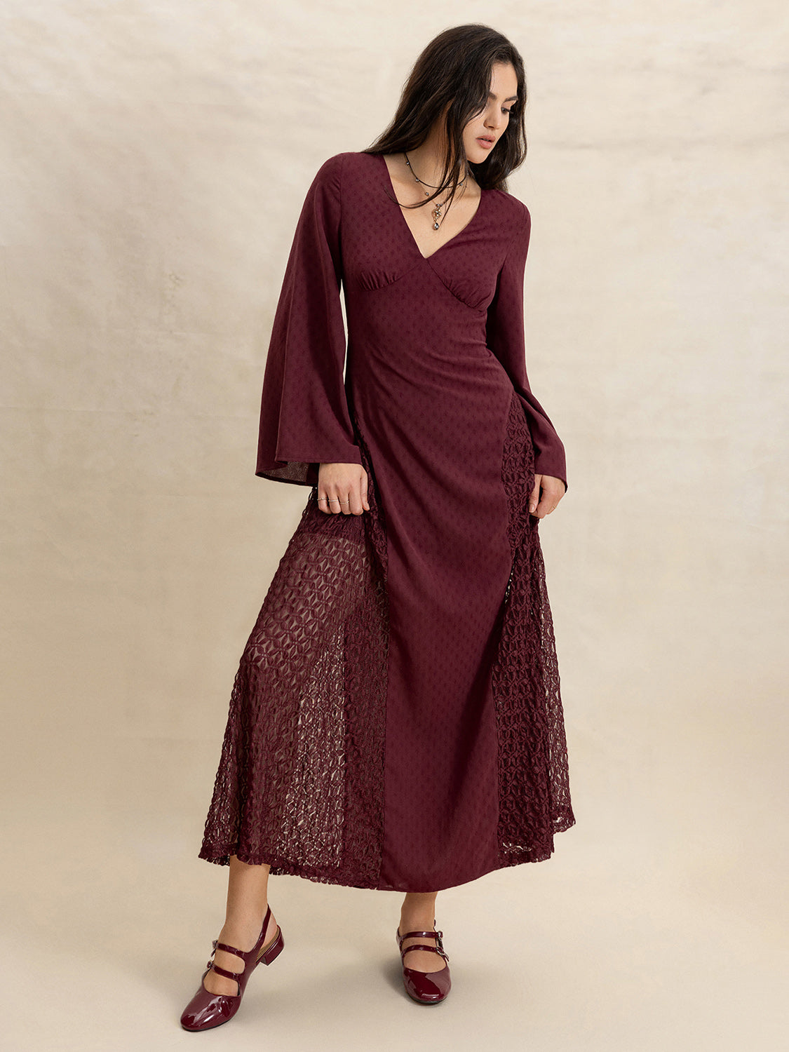 Lace Patchwork V-Neck Long Sleeve Midi Dress - Sage Her