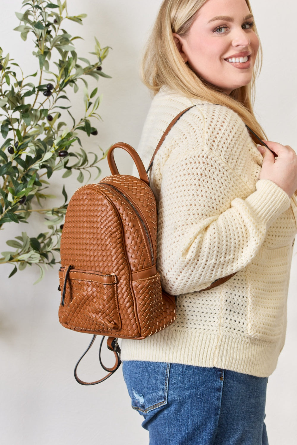 PU Leather Woven Backpack - Sage Her