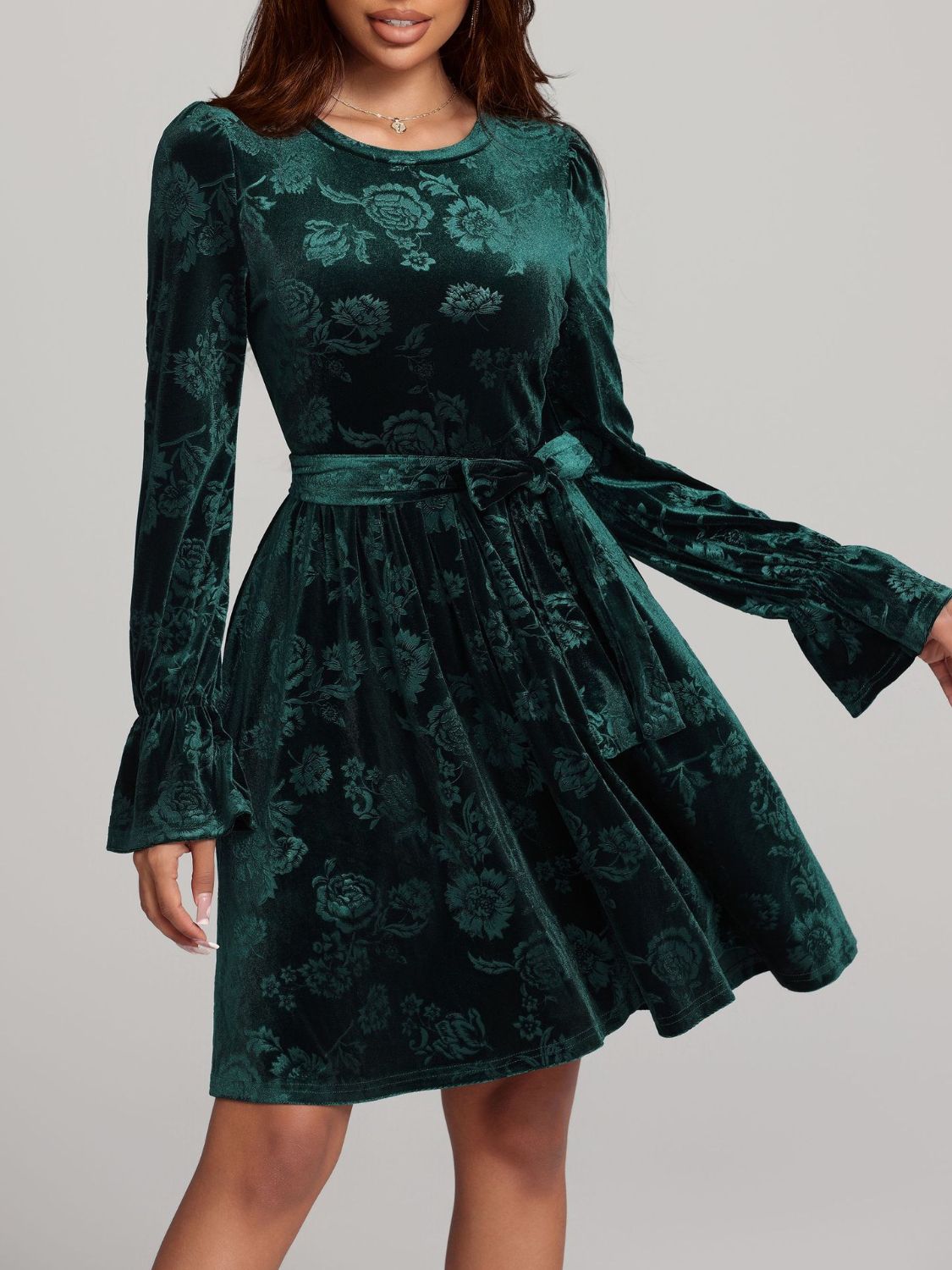 Tied Flower Print Round Neck Flounce Sleeve Dress - Sage Her