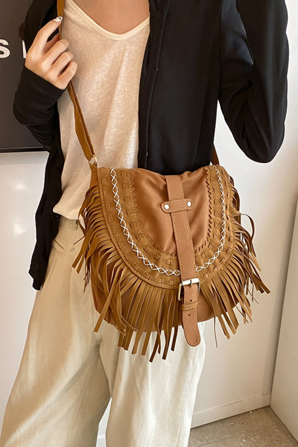 Suede Fringe Wide Strap Shoulder Bag - Sage Her