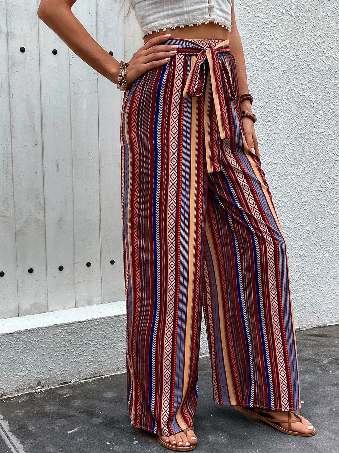 Tied Geometric Wide Leg Pants - Sage Her