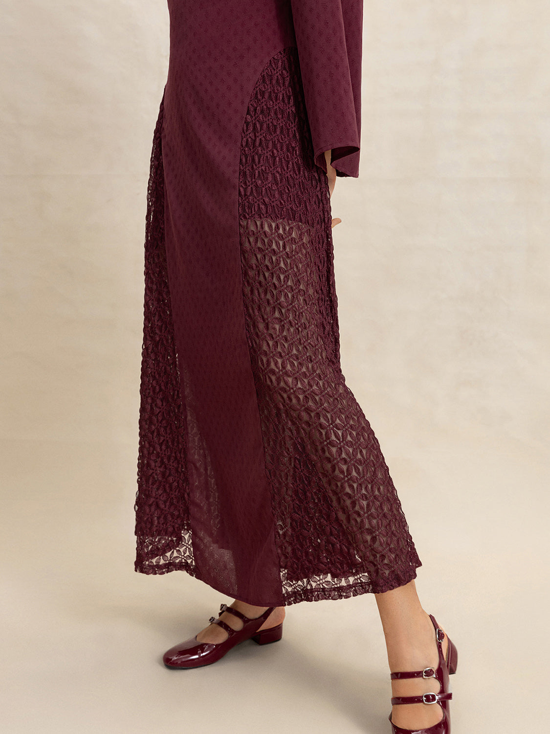 Lace Patchwork V-Neck Long Sleeve Midi Dress - Sage Her