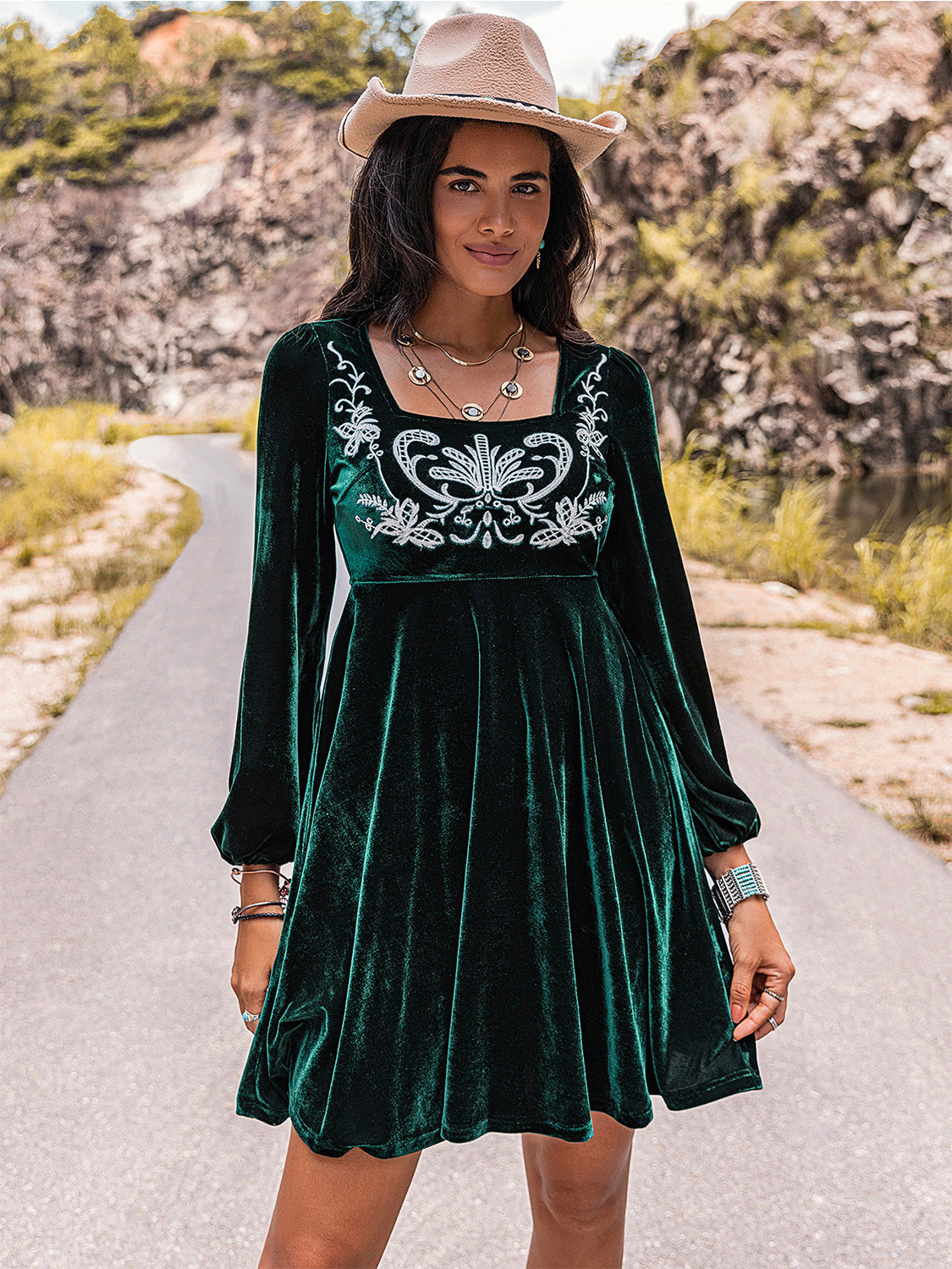 Embroidered Square Neck Long Sleeve Dress - Sage Her