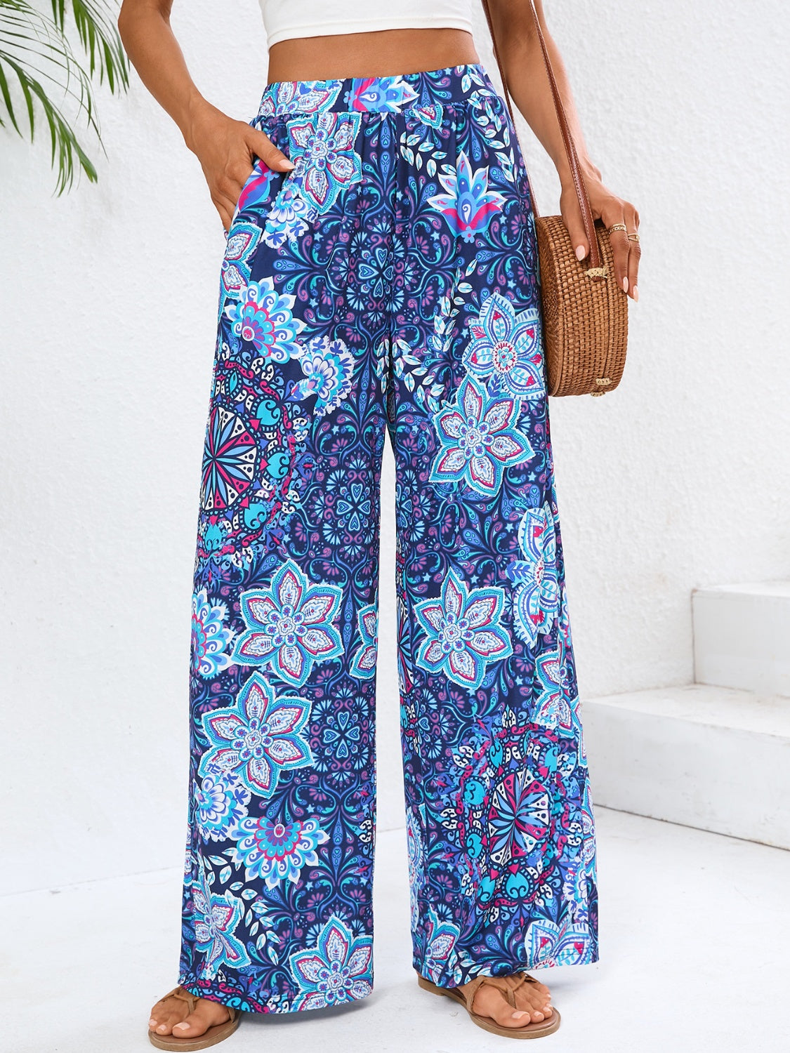 Geometric Wide Leg Pants with Pockets - Sage Her