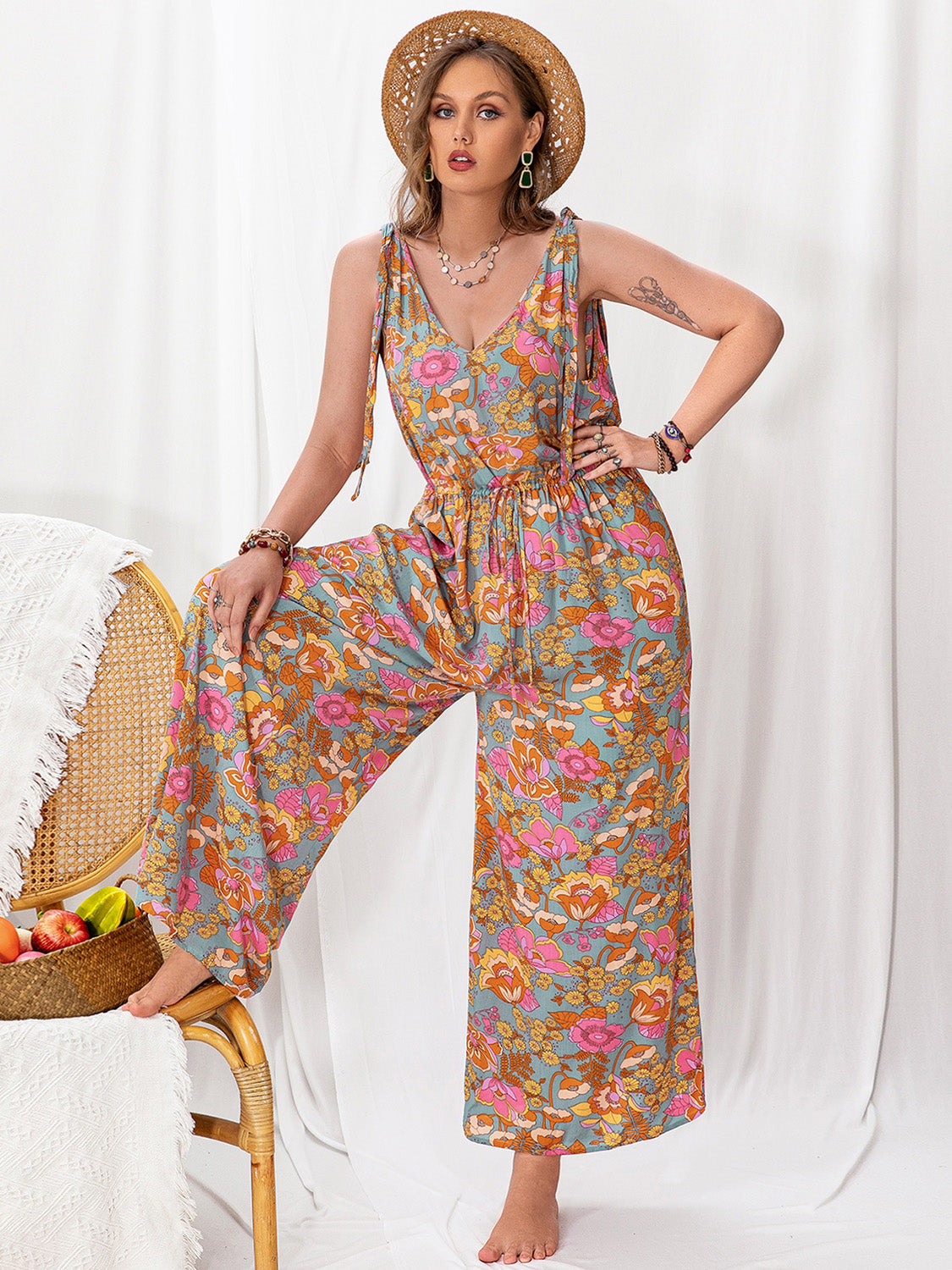 Printed Wide Leg Sleeveless Jumpsuit - Sage Her