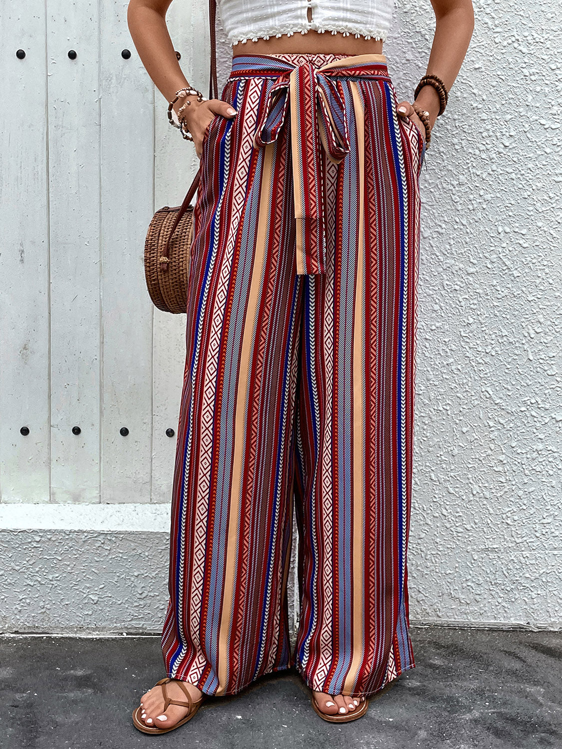 Tied Geometric Wide Leg Pants - Sage Her