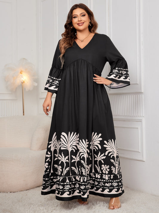 Honey Printed V-Neck Long Sleeve Maxi Dress - Sage Her