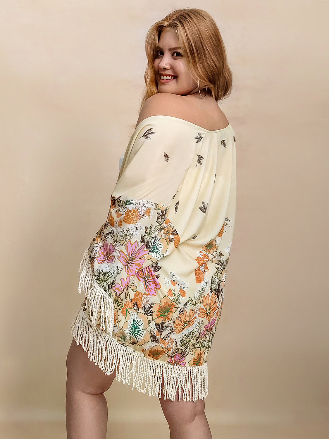 Fringe Printed Open Front Kimono - Sage Her