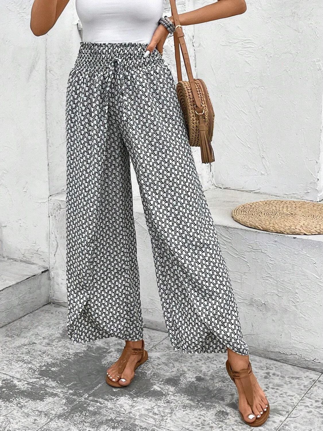 Tied Printed Wide Leg Pants - Sage Her