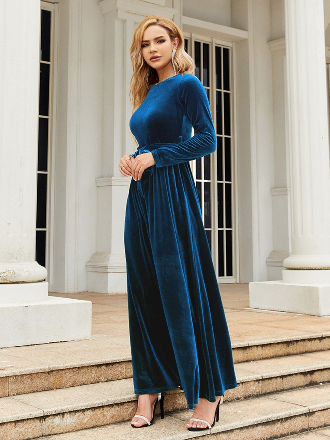 Tie Front Round Neck Long Sleeve Maxi Dress - Sage Her