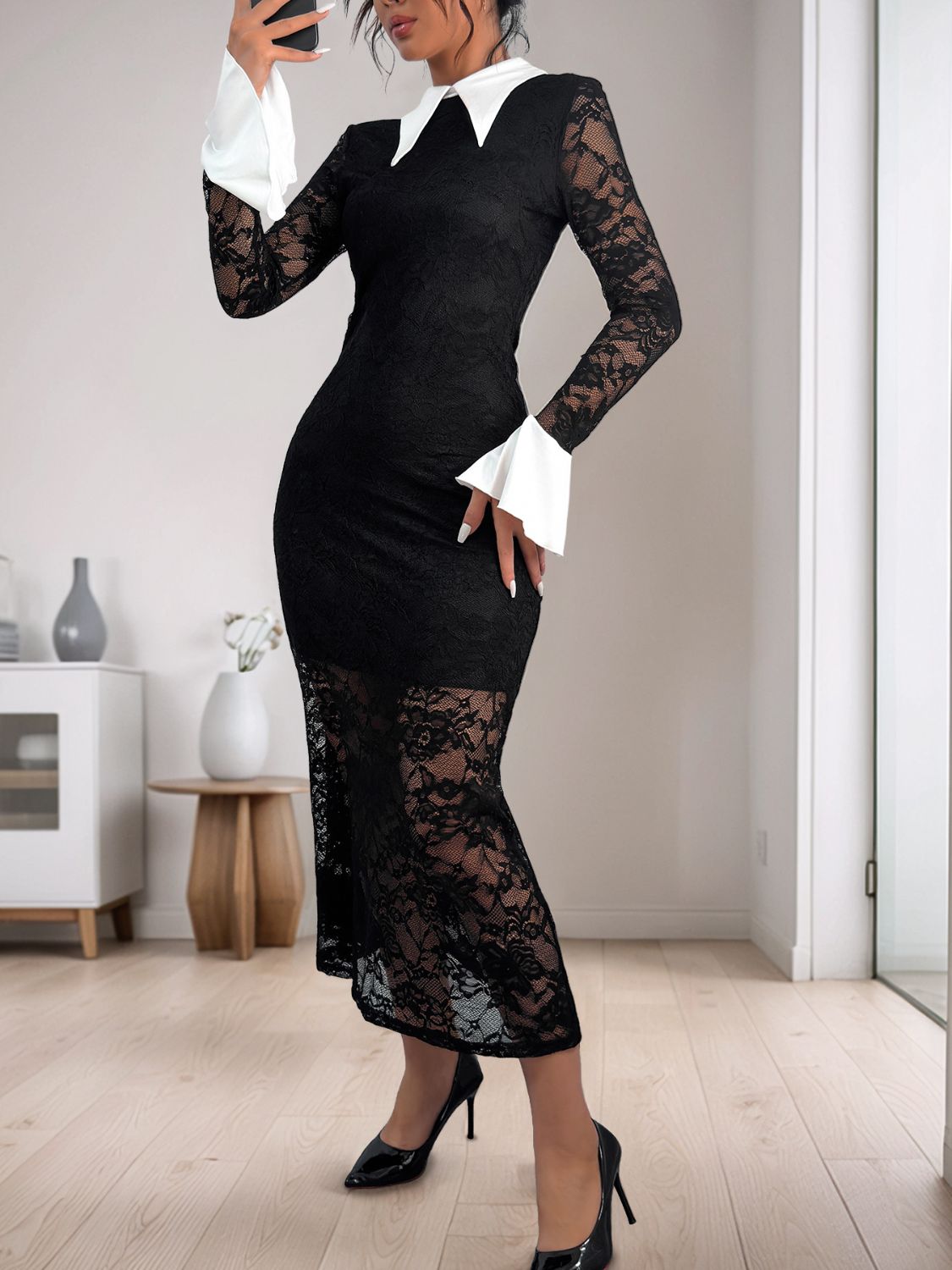 Perfee Lace Contrast Collared Neck Long Sleeve Midi Dress - Sage Her