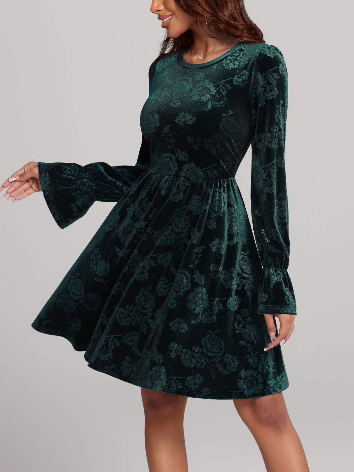 Tied Flower Print Round Neck Flounce Sleeve Dress - Sage Her