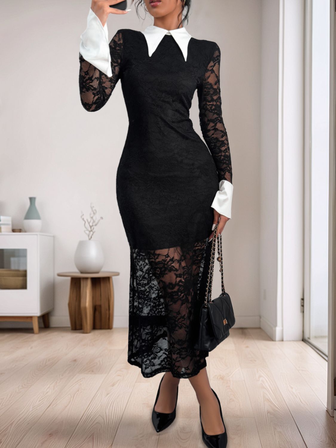 Perfee Lace Contrast Collared Neck Long Sleeve Midi Dress - Sage Her