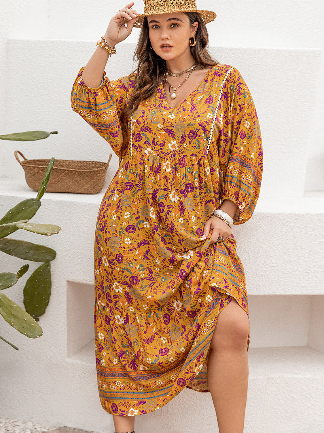 Floral V-Neck Balloon Sleeve Midi Dress - Sage Her